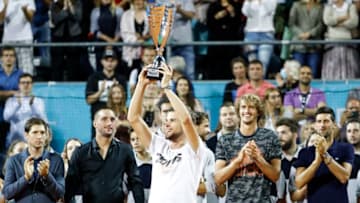 BELGRADE, SERBIA - JUNE 14: Dominic Thiem of Austria celebrates with the trophy after winning his final match against Filip Krajinovic of Serbia at the Adria Tour charity exhibition hosted by Novak Djokovic on June 14, 2020 in Belgrade, Serbia. (Photo by Srdjan Stevanovic/Getty Images)