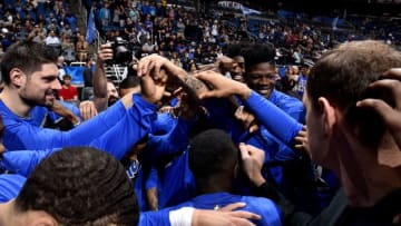 ORLANDO, FL - DECEMBER 23: The Orlando Magic huddles up against the Miami Heat on December 23, 2018 at Amway Center in Orlando, Florida. NOTE TO USER: User expressly acknowledges and agrees that, by downloading and or using this photograph, User is consenting to the terms and conditions of the Getty Images License Agreement. Mandatory Copyright Notice: Copyright 2018 NBAE (Photo by Gary Bassing/NBAE via Getty Images)