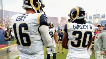 LOS ANGELES, CA - NOVEMBER 20: Quarterback Jared Goff #16 and running back Todd Gurley #30 of the Los Angeles Rams wait to take the field to play in the game against the Miami Dolphins at Los Angeles Coliseum on November 20, 2016 in Los Angeles, California. (Photo by Harry How/Getty Images)