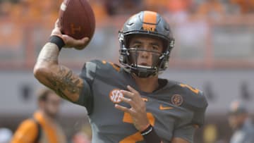 KNOXVILLE, TN - SEPTEMBER 30: Tennessee Volunteers quarterback Jarrett Guarantano (2) passes the ball during warmups before the game between the Georgia Bulldogs and the Tennessee Volunteers on September 30, 2017, at Neyland Stadium in Knoxville, TN. Georgia defeated Tennessee 41-0. (Photo by Jeffrey Vest/Icon Sportswire via Getty Images)