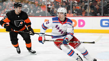 PHILADELPHIA, PA - MARCH 31: Filip Chytil #72 of the New York Rangers skates against Ivan Provorov #9 of the Philadelphia Flyers on March 31, 2019 at the Wells Fargo Center in Philadelphia, Pennsylvania. (Photo by Len Redkoles/NHLI via Getty Images)