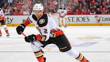 DETROIT, MI - OCTOBER 08: Brendan Guhle #2 of the Anaheim Ducks skates after a loose puck against the Detroit Red Wings during an NHL game at Little Caesars Arena on October 8, 2019 in Detroit, Michigan. Anaheim defeated Detroit 3-1. (Photo by Dave Reginek/NHLI via Getty Images)