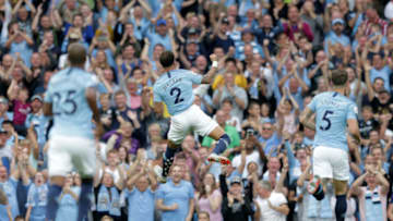 MANCHESTER, ENGLAND - SEPTEMBER 01: Kyle Walker of Manchester City celebrates after scoring his team's second goal during the Premier League match between Manchester City and Newcastle United at Etihad Stadium on September 1, 2018 in Manchester, United Kingdom. (Photo by Victoria Haydn/Man City via Getty Images)