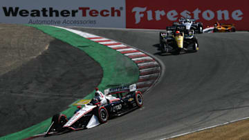 MONTEREY, CALIFORNIA - SEPTEMBER 22: Josef Newgarden #2 of United States and Hitachi Team Penske Chevrolet races during the NTT IndyCar Series Firestone Grand Prix of Monterey at WeatherTech Raceway Laguna Seca on September 22, 2019 in Monterey, California. (Photo by Robert Reiners/Getty Images)