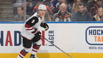 EDMONTON, AB - JANUARY 18: Clayton Keller #9 of the Arizona Coyotes skates against the Edmonton Oilers on January 18, 2020, at Rogers Place in Edmonton, Alberta, Canada. (Photo by Andy Devlin/NHLI via Getty Images)