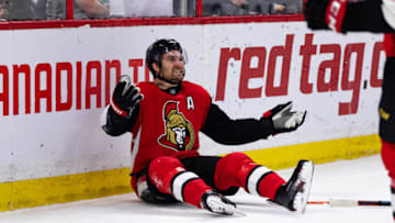 OTTAWA, ON - DECEMBER 29: Ottawa Senators Right Wing Mark Stone (61) looks for a call during second period National Hockey League action between the Washington Capitals and Ottawa Senators on December 29, 2018, at Canadian Tire Centre in Ottawa, ON, Canada. (Photo by Richard A. Whittaker/Icon Sportswire via Getty Images)