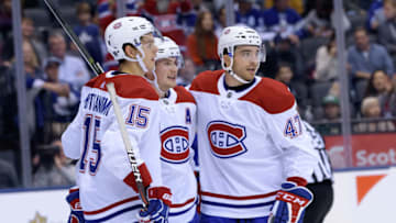 TORONTO, ON - SEPTEMBER 24: Montreal Canadiens Left Wing Artturi Lehkonen (62) celebrates after scoring a goal with Montreal Canadiens Center Jesperi Kotkaniemi (15) and Montreal Canadiens Left Wing Kenny Agostino (47) during the first period of the NHL preseason game between the Montreal Canadiens and the Toronto Maple Leafs on September 24, 2018, at Scotiabank Arena in Toronto, ON, Canada. (Photograph by Julian Avram/Icon Sportswire via Getty Images)