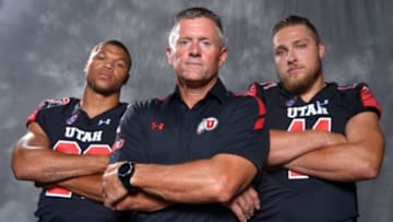 Jul 31, 2015; Burbank, CA, USA; Utah Utes running back Devontae Booker (left), coach Kyle Whittingham (center) and linebacker Jared Norris at Pac-12 Media Day at Warner Bros. Studios. Mandatory Credit: Kirby Lee-USA TODAY Sports