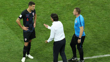SOCHI, RUSSIA - JULY 07: Zlatko Dalic, Head coach of Croatia gives instructions to Dejan Lovren during the 2018 FIFA World Cup Russia Quarter Final match between Russia and Croatia at Fisht Stadium on July 7, 2018 in Sochi, Russia. (Photo by Catherine Ivill/Getty Images)
