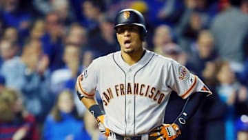 Oct 7, 2016; Chicago, IL, USA; San Francisco Giants center fielder Gorkys Hernandez (66) reacts after striking out against the Chicago Cubs during the ninth inning during game one of the 2016 NLDS playoff baseball series at Wrigley Field. Mandatory Credit: Dennis Wierzbicki-USA TODAY Sports