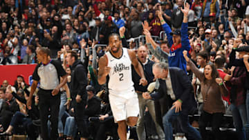 LOS ANGELES, CA - NOVEMBER 22: Kawhi Leonard #2 of the LA Clippers reacts during a game against the Houston Rockets on November 22, 2019 at STAPLES Center in Los Angeles, California. NOTE TO USER: User expressly acknowledges and agrees that, by downloading and/or using this Photograph, user is consenting to the terms and conditions of the Getty Images License Agreement. Mandatory Copyright Notice: Copyright 2019 NBAE (Photo by Andrew D. Bernstein/NBAE via Getty Images)