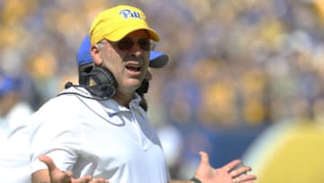 Sep 18, 2021; Pittsburgh, Pennsylvania, USA; Pittsburgh Panthers head coach Pat Narduzzi after being penalized for unsportsmanlike conduct against the Western Michigan Broncos during the second quarter at Heinz Field. Mandatory Credit: Charles LeClaire-USA TODAY Sports