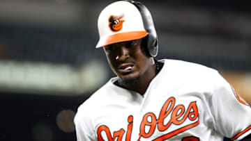 BALTIMORE, MD - AUGUST 29: Adam Jones #10 of the Baltimore Orioles looks on after flying out against the Toronto Blue Jays in the fourth inning at Oriole Park at Camden Yards on August 29, 2018 in Baltimore, Maryland. (Photo by Rob Carr/Getty Images)