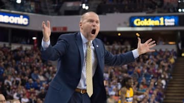February 19, 2016; Sacramento, CA, USA; Denver Nuggets head coach Michael Malone reacts during the second quarter against the Sacramento Kings at Sleep Train Arena. The Kings defeated the Nuggets 116-110. Mandatory Credit: Kyle Terada-USA TODAY Sports