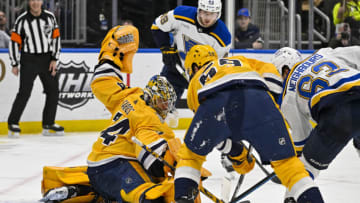 Nashville Predators goaltender Juuse Saros (74) defends the net against the St. Louis Blues during the second period at Enterprise Center. Mandatory Credit: Jeff Curry-USA TODAY Sports