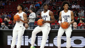 Cam Whitmore #13, Jarace Walker #14 and Dillon Mitchell #15 of USA Team (Photo by Steph Chambers/Getty Images)