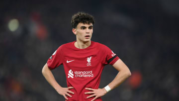 LIVERPOOL, ENGLAND - FEBRUARY 13: Stefan Bajcetic of Liverpool looks on during the Premier League match between Liverpool FC and Everton FC at Anfield on February 13, 2023 in Liverpool, England. (Photo by Michael Regan/Getty Images)