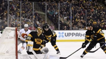 Nov 25, 2016; Boston, MA, USA; Boston Bruins goalie Anton Khudobin (35) makes a save in front of center David Krejci (46) during the second period against the Calgary Flames at TD Garden. Mandatory Credit: Bob DeChiara-USA TODAY Sports
