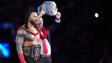 Apr 2, 2023; Inglewood, CA, USA; Roman Reigns and Paul Heyman during Wrestlemania Night 2 at SoFi Stadium. Mandatory Credit: Joe Camporeale-USA TODAY Sports