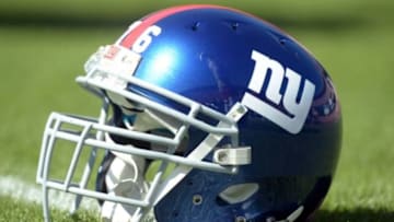 Oct 14, 2012; San Francisco, CA, USA; General view of the New York Giants helmet of guard Chris Snee (not pictured) before the game against the San Francisco 49ers at Candlestick Park. Mandatory Credit: Kirby Lee/Image of Sport-USA TODAY Sports