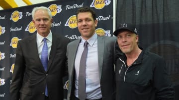 Jun 21, 2016; El Segunda, CA, USA; Los Angeles Lakers general manager Mitch Kupchak, head coach Luke Walton and part-owner and executive vice president of basketball operations Jim Buss at today