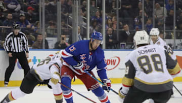 NEW YORK, NEW YORK - DECEMBER 16: Kevin Hayes #13 of the New York Rangers skates against the Vegas Golden Knights at Madison Square Garden on December 16, 2018 in New York City. The Golden Knights defeated the Rangers 4-3 in overtime. (Photo by Bruce Bennett/Getty Images)