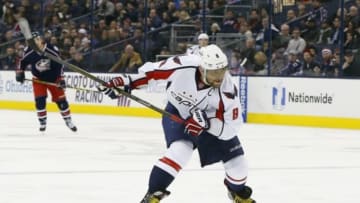 Jan 19, 2016; Columbus, OH, USA; Washington Capitals left wing Alex Ovechkin (8) takes a slap shot during the third period against the Columbus Blue Jackets at Nationwide Arena. The Caps won 6-3. Mandatory Credit: Russell LaBounty-USA TODAY Sports