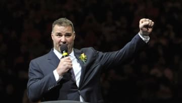 Nov 20, 2014; Philadelphia, PA, USA; Philadelphia Flyers former player Eric Lindros during his induction into the Flyers Hall of Fame before game against the Minnesota Wild at Wells Fargo Center. Mandatory Credit: Eric Hartline-USA TODAY Sports