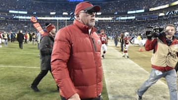 Jan 24, 2016; Charlotte, NC, USA; Arizona Cardinals head coach Bruce Arians walks off the field after the NFC Championship football game against the Carolina Panthers at Bank of America Stadium. The Panthers won 49-15. Mandatory Credit: John David Mercer-USA TODAY Sports