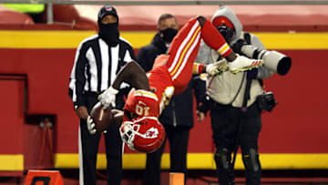 KANSAS CITY, MISSOURI - DECEMBER 06: Tyreek Hill #10 of the Kansas City Chiefs backflips over the goal line on a play that was called back due to a holding penalty during the fourth quarter of a game against the Denver Broncos at Arrowhead Stadium on December 06, 2020 in Kansas City, Missouri. (Photo by Jamie Squire/Getty Images)