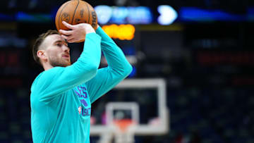 Mar 11, 2022; New Orleans, Louisiana, USA; Charlotte Hornets forward Gordon Hayward (20) warms up before the game between the New Orleans Pelicans and the Charlotte Hornets at Smoothie King Center. Mandatory Credit: Andrew Wevers-USA TODAY Sports