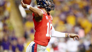 BATON ROUGE, LA - SEPTEMBER 29: Quarterback Jordan Ta'amu #10 of the Mississippi Rebels throws the ball during the third quarter against the LSU Tigers at Tiger Stadium on September 29, 2018 in Baton Rouge, Louisiana. (Photo by Marianna Massey/Getty Images)
