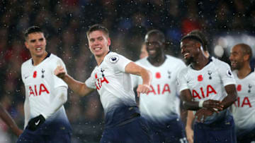 LONDON, ENGLAND - NOVEMBER 10: Juan Foyth of Tottenham Hotspur celebrates after scoring his team's first goal during the Premier League match between Crystal Palace and Tottenham Hotspur at Selhurst Park on November 10, 2018 in London, United Kingdom. (Photo by Catherine Ivill/Getty Images)