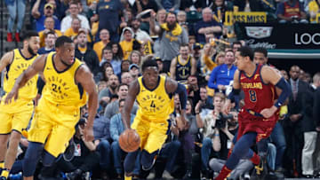 INDIANAPOLIS, IN - APRIL 22: Victor Oladipo #4 of the Indiana Pacers takes off on a fast break against Jordan Clarkson #8 of the Cleveland Cavaliers during game four of the NBA Playoffs at Bankers Life Fieldhouse on April 22, 2018 in Indianapolis, Indiana. The Cavaliers won 104-100. NOTE TO USER: User expressly acknowledges and agrees that, by downloading and or using the photograph, User is consenting to the terms and conditions of the Getty Images License Agreement. (Photo by Joe Robbins/Getty Images) *** Local Caption *** Victor Oladipo;Jordan Clarkson