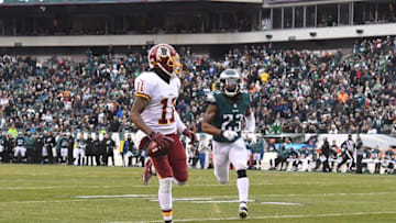 Dec 11, 2016; Philadelphia, PA, USA; Washington Redskins wide receiver DeSean Jackson (11) carries the ball for a touchdown as Philadelphia Eagles safety Rodney McLeod (23) defends in the third quarter at Lincoln Financial Field. Washington defeated Philadelphia 27-22. Mandatory Credit: James Lang-USA TODAY Sports