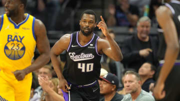 Apr 3, 2022; Sacramento, California, USA; Sacramento Kings forward Harrison Barnes (40) gestures after a basket against the Golden State Warriors during the first quarter at Golden 1 Center. Mandatory Credit: Darren Yamashita-USA TODAY Sports