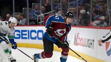 DENVER, CO - FEBRUARY 26: Colorado Avalanche center Dominic Toninato, #47, drives the puck behind Vancouver Canucks goal and defenseman Ben Hutton, #27, left, during the first period of the Avalanche game at Pepsi Center on February 26, 2018 in Denver, Colorado. The Colorado Avalanche beat the Vancouver Canunks 3-1. (Photo by Helen H. Richardson/The Denver Post via Getty Images)