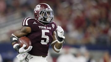 Sep 24, 2016; Dallas, TX, USA; Texas A&M Aggies running back Trayveon Williams (5) runs for a touchdown in the fourth quarter against the Arkansas Razorbacks at AT&T Stadium. Mandatory Credit: Tim Heitman-USA TODAY Sports