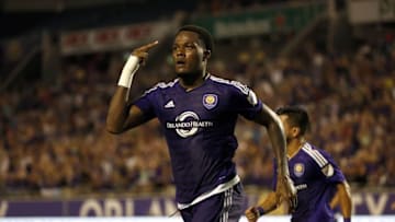 Aug 24, 2016; Orlando, FL, USA; Orlando City SC forward Cyle Larin (9) celebrates after scoring a goal against the Toronto FC during the second half at Camping World Stadium. Toronto FC won 2-1. Mandatory Credit: Kim Klement-USA TODAY Sports