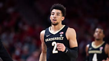 FAYETTEVILLE, ARKANSAS - JANUARY 04: Scotty Pippen Jr. #2 of the Vanderbilt Commodores walks to the bench during a game against the Arkansas Razorbacks at Bud Walton Arena on January 04, 2022 in Fayetteville, Arkansas. The Commodores defeated the Razorbacks 75-74. (Photo by Wesley Hitt/Getty Images)
