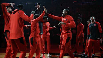Kawhi Leonard #2 (C) of the Toronto Raptors is introduced to the crowd prior to the first half of the NBA season opener. (Photo by Vaughn Ridley/Getty Images)