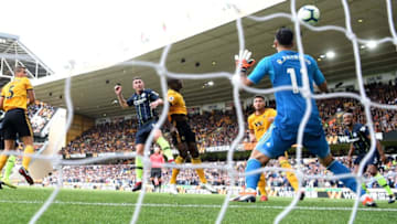 WOLVERHAMPTON, ENGLAND - AUGUST 25: Manchester City player Aymeric Laporte rises to head in the City goal past Rui Patricio during the Premier League match between Wolverhampton Wanderers and Manchester City at Molineux on August 25, 2018 in Wolverhampton, United Kingdom. (Photo by Stu Forster/Getty Images)