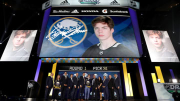 VANCOUVER, BRITISH COLUMBIA - JUNE 21: Ryan Johnson reacts after being selected thirty-first overall by the Buffalo Sabres during the first round of the 2019 NHL Draft at Rogers Arena on June 21, 2019 in Vancouver, Canada. (Photo by Bruce Bennett/Getty Images)
