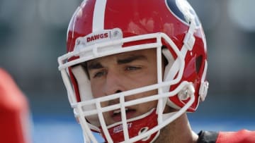 Nov 1, 2014; Jacksonville, FL, USA; Georgia Bulldogs tight end Jeb Blazevich (83) against the Florida Gators works out prior to the game at EverBank Field. Mandatory Credit: Kim Klement-USA TODAY Sports