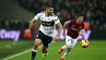 LONDON, ENGLAND - FEBRUARY 22: Aleksandar Mitrovic of Fulham makes a break during the Premier League match between West Ham United and Fulham FC at the London Stadium on February 22, 2019 in London, United Kingdom. (Photo by Julian Finney/Getty Images)