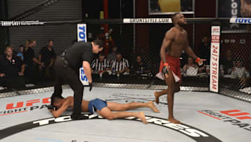 LAS VEGAS, NV - AUGUST 29: (R-L) Bevon Lewis celebrates after defeating Elias Urbina in their middleweight bout during Dana White's Tuesday Night Contender Series at the TUF Gym on August 29, 2017 in Las Vegas, Nevada. (Photo by Brandon Magnus/DWTNCS)