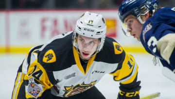 REGINA, SK - MAY 18: Will Bitten #14 of Hamilton Bulldogs lines up against the Regina Pats at Brandt Centre - Evraz Place on May 18, 2018 in Regina, Canada. (Photo by Marissa Baecker/Getty Images)
