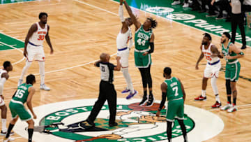 Apr 7, 2021; Boston, Massachusetts, USA; Boston Celtics center Robert Williams III (44) goes for a jump ball against New York Knicks center Nerlens Noel (3) during the first quarter at TD Garden. Mandatory Credit: Winslow Townson-USA TODAY Sports