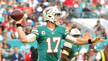 Nov 27, 2016; Miami Gardens, FL, USA; Miami Dolphins quarterback Ryan Tannehill (17) attempts a pass against the San Francisco 49ers during the second half at Hard Rock Stadium. The Miami Dolphins defeat the San Francisco 49ers 31-24. Mandatory Credit: Jasen Vinlove-USA TODAY Sports