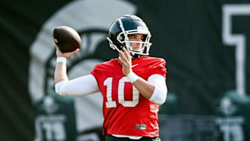 Aug 5, 2021; East Lansing, MI, USA; Michigan State's Payton Thorne throws a pass during the opening day of fall camp on Thursday, Aug. 5, 2021, on the MSU campus in East Lansing. Mandatory Credit: Nick King-USA TODAY NETWORK